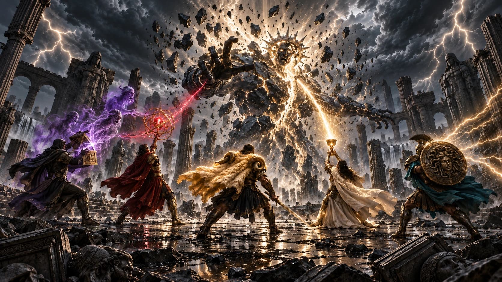 Vanth Legacy featured mythology artwork showing five warriors facing a shattered god